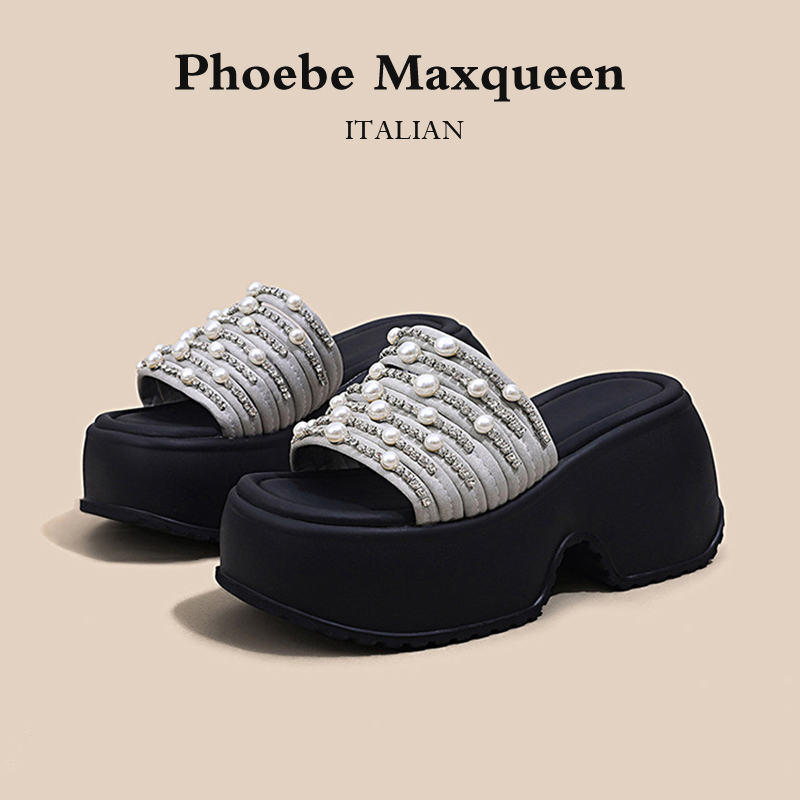 Italian Maxqueen Pearl Rhinestone Platform Flip-Flops for Outdoor Wear, Height-Increasing, Versatile Sandals for Petite Individuals