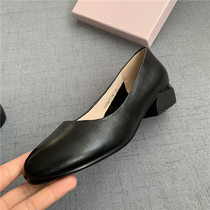Big brand good goods first layer cowhide low heel round head womens square heel shoes black work shoes spring mother shoes