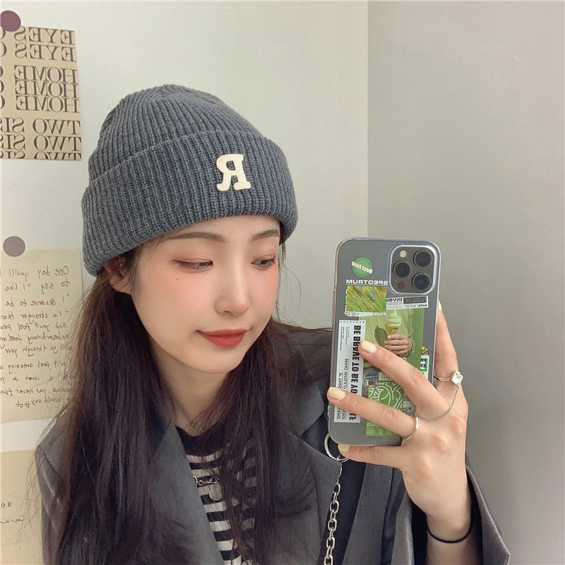 Jesenný a zimný teplý všestranný párový pulóver vlnená čiapka Pletená čiapka s písmenom R_voghion.com