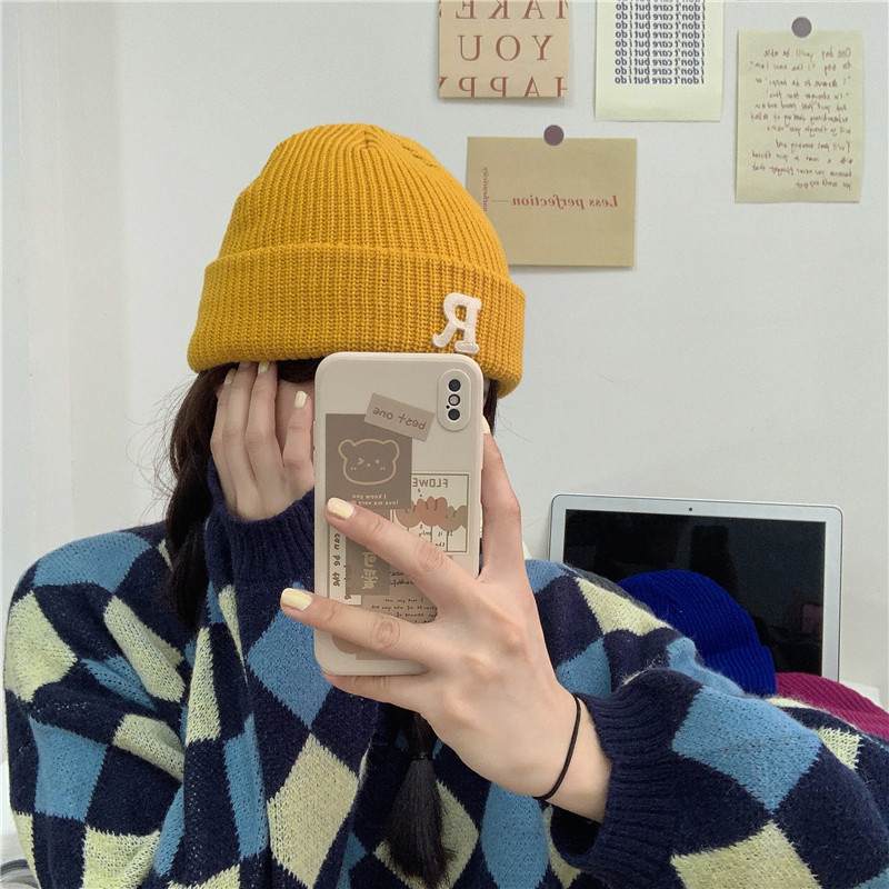 Jesenný a zimný teplý všestranný párový pulóver vlnená čiapka Pletená čiapka s písmenom R_voghion.com