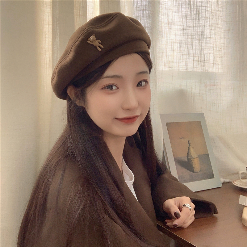 你的宝贝熊~日系复古卡通棕色毛呢贝雷帽女秋冬时髦气质画家帽男详情4