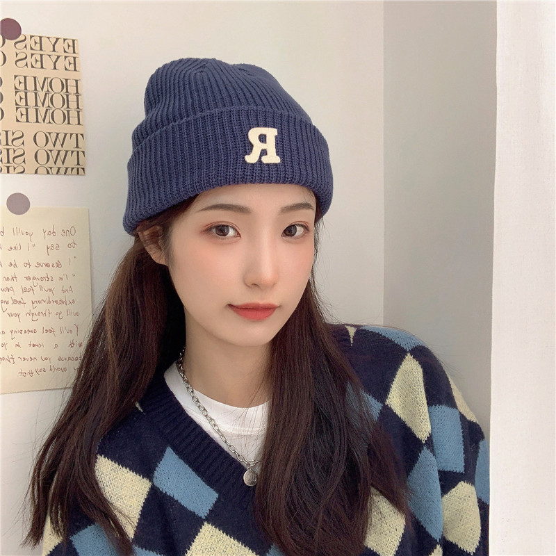 Jesenný a zimný teplý všestranný párový pulóver vlnená čiapka Pletená čiapka s písmenom R_voghion.com