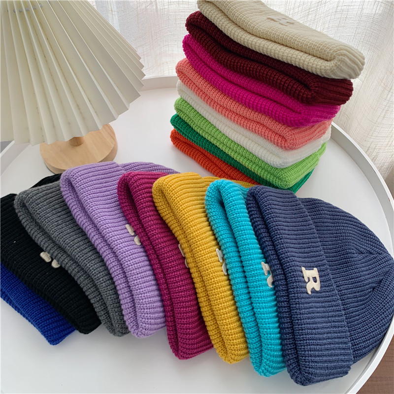 Jesenný a zimný teplý všestranný párový pulóver vlnená čiapka Pletená čiapka s písmenom R_voghion.com