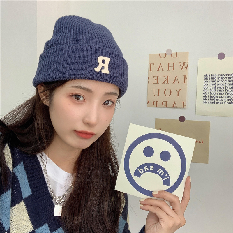 Jesenný a zimný teplý všestranný párový pulóver vlnená čiapka Pletená čiapka s písmenom R_voghion.com