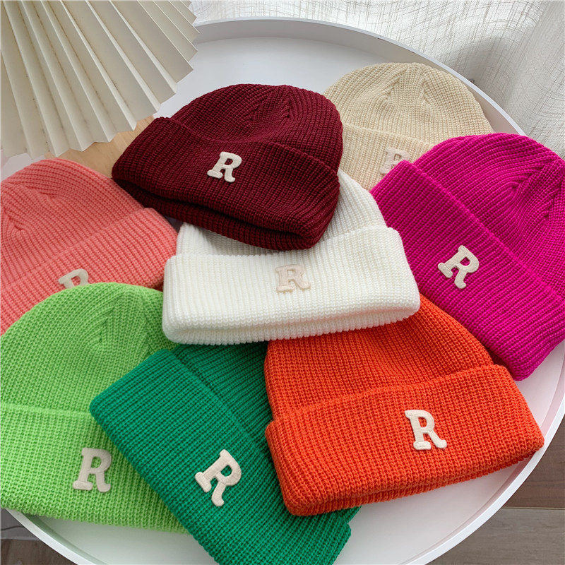 Jesenný a zimný teplý všestranný párový pulóver vlnená čiapka Pletená čiapka s písmenom R_voghion.com