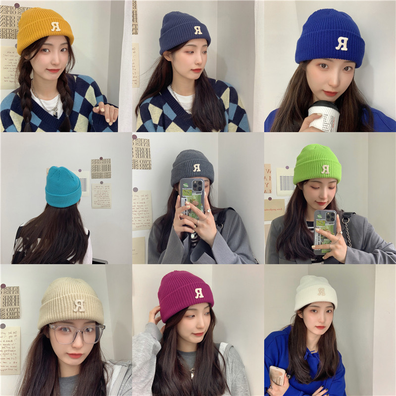 Jesenný a zimný teplý všestranný párový pulóver vlnená čiapka Pletená čiapka s písmenom R_voghion.com