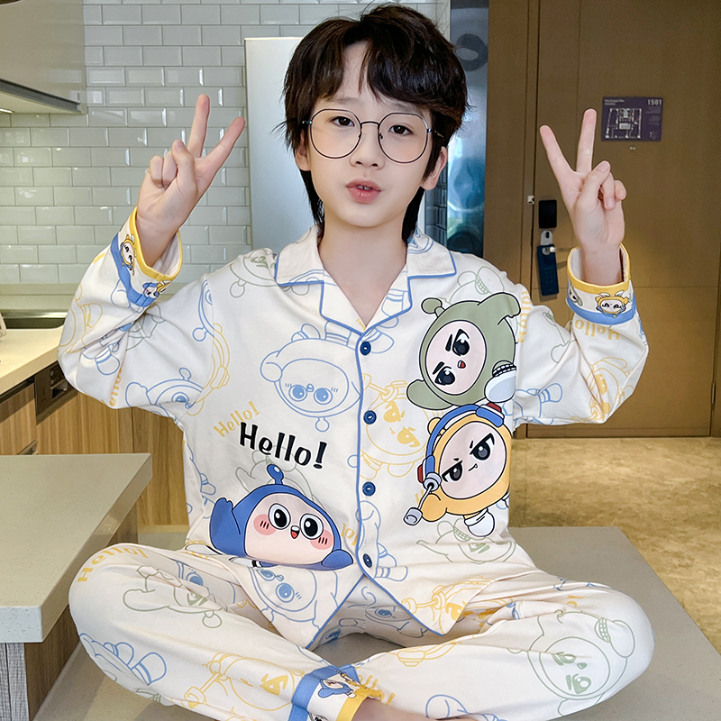 2026 New Boys' Pajamas, Children's Pure Cotton Long-Sleeved Spring and Autumn Cartoon Egg Boy Pajamas for Young and Older Boys, Home Wear
