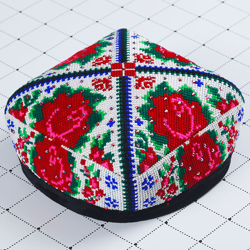 Xinjiang small flower hat Uyghur dance costume women's four-corner cross-stitch headdress embroidered hat dance hat