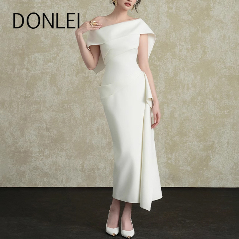 Silai French-Style Socialite Dress with Diagonal Neckline and Ruffles, Women's 2026 New Elegant Slit Waist-Cinching Dress Silai French-Style Socialite Dress with Diagonal Neckline and Ruffles, Women's 2026 New Elegant Slit Waist-Cinching Dress