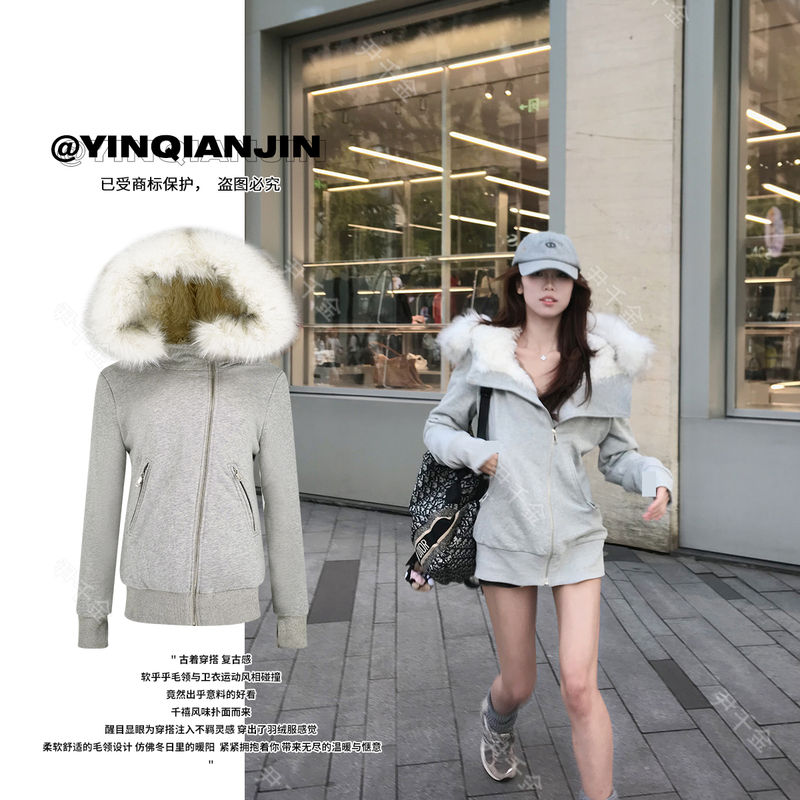 【American High School Style】Vintage Look Detachable Fleece-Lined Large Fur Collar Hooded Jacket W240783