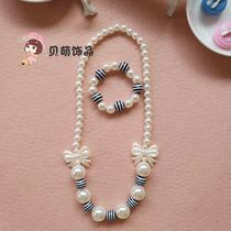 2021 New Korean black and white striped bow necklace girl clothing accessories sweater chain bracelet set