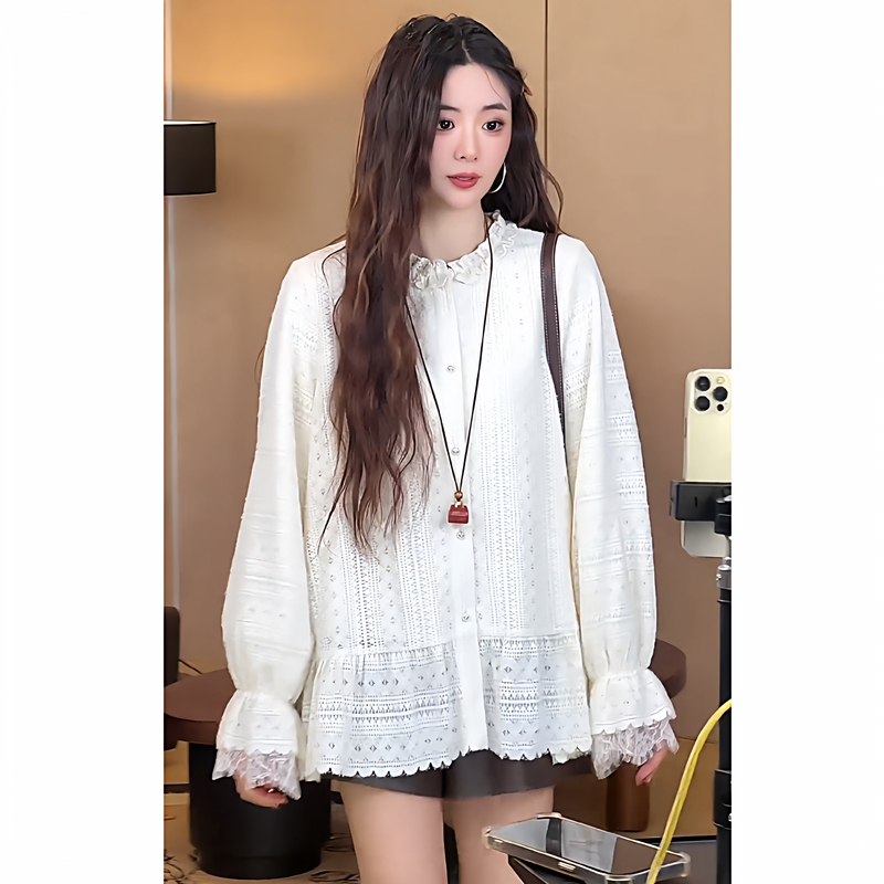 Plus Size White Lazy Style Lace Long-Sleeved Shirt for Women Early Spring French Sweet Preppy Style Shirt Design Top Plus Size White Lazy Style Lace Long-Sleeved Shirt for Women Early Spring French Sweet Preppy Style Shirt Design Top