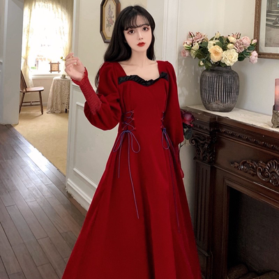 taobao agent Autumn demi-season long skirt, red retro dress, plus size, french style
