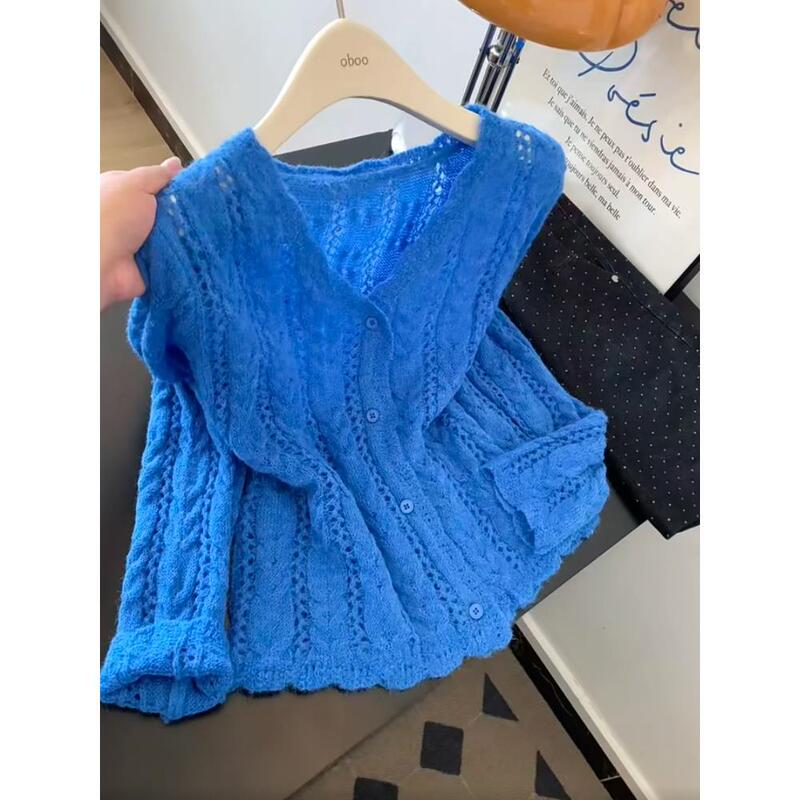 Plus-Size Klein Blue Long-Sleeve Hollow-Out Knit Cardigan for Women, Spring Lazy Style Soft Sweater, Slimming Top for Chubby Women