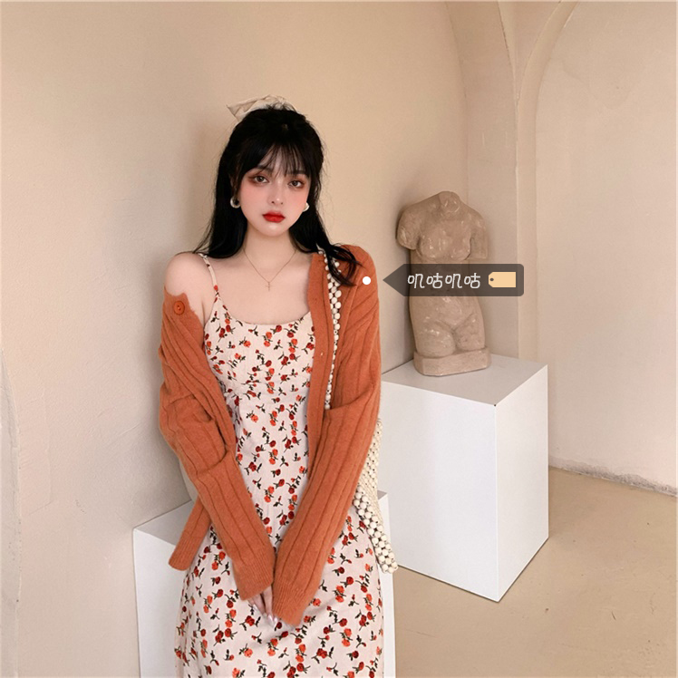 Large size fat sister thin suit female fat mm fairy skirt super fairy French floral suspenders dress cardigan jacket