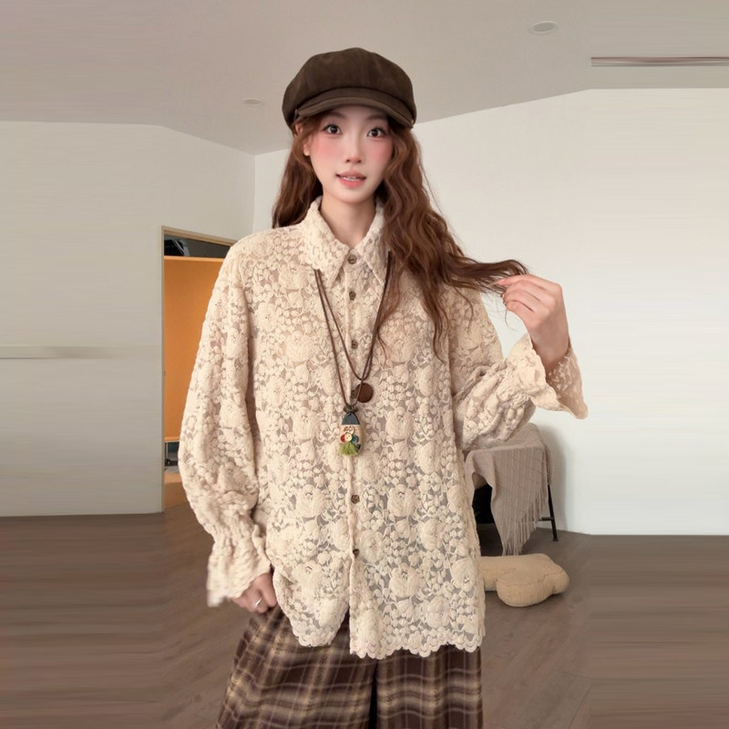 Дизайнерская кружевная рубашка с длинными рукавами, женская осенне-зимняя внутренняя полая уникальная красивая рубашка, толстая, закрывающая мясо, и тонкий верх