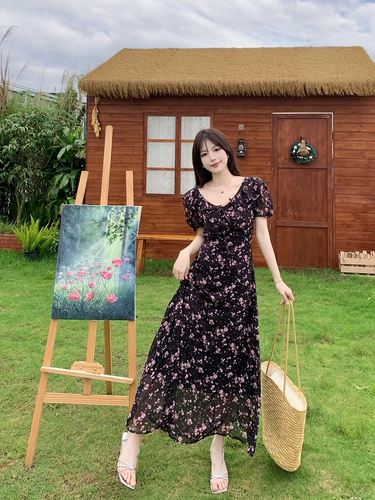 Шифоновая летняя юбка, размер, французский стиль, цветочный принт, по фигуре, рукава фонарики, А-силуэт