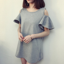 Straight Out Shoulder Lady 2020 Summer Loose Medium Long dress Dress Bubble short sleeve pure color T-shirt Skirt Underneath