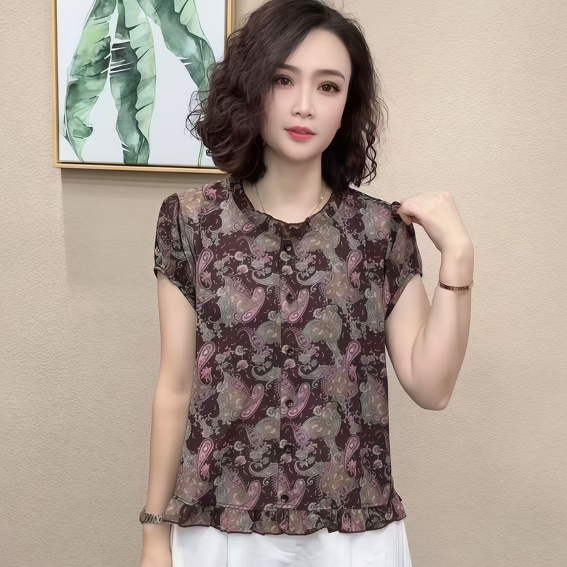 New Style Mother's Clothing Ruffled Lace Round Neck Short-Sleeved Shirt Women's Fashionable Printed T-Shirt Women's Versatile Slimming Top