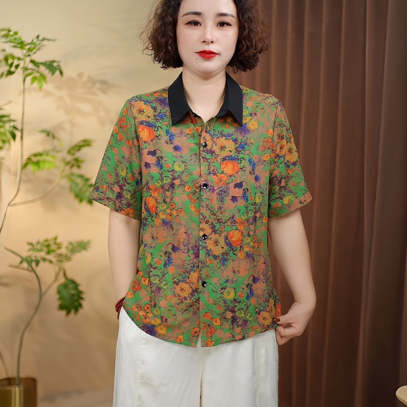 New Style Mother's Clothing Breathable Floral Lapel Short-Sleeved Shirt for Women, Stylish Color-Blocking Versatile Blouse, Slimming and Age-Reducing Top New Style Mother's Clothing Breathable Floral Lapel Short-Sleeved Shirt for Women, Stylish Color-Blocking Versatile Blouse, Slimming and Age-Reducing Top