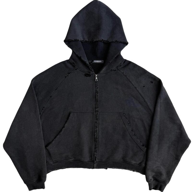 Unknownworld 25Ss Black Washed Distressed Hooded Zip-Up Sweatshirt