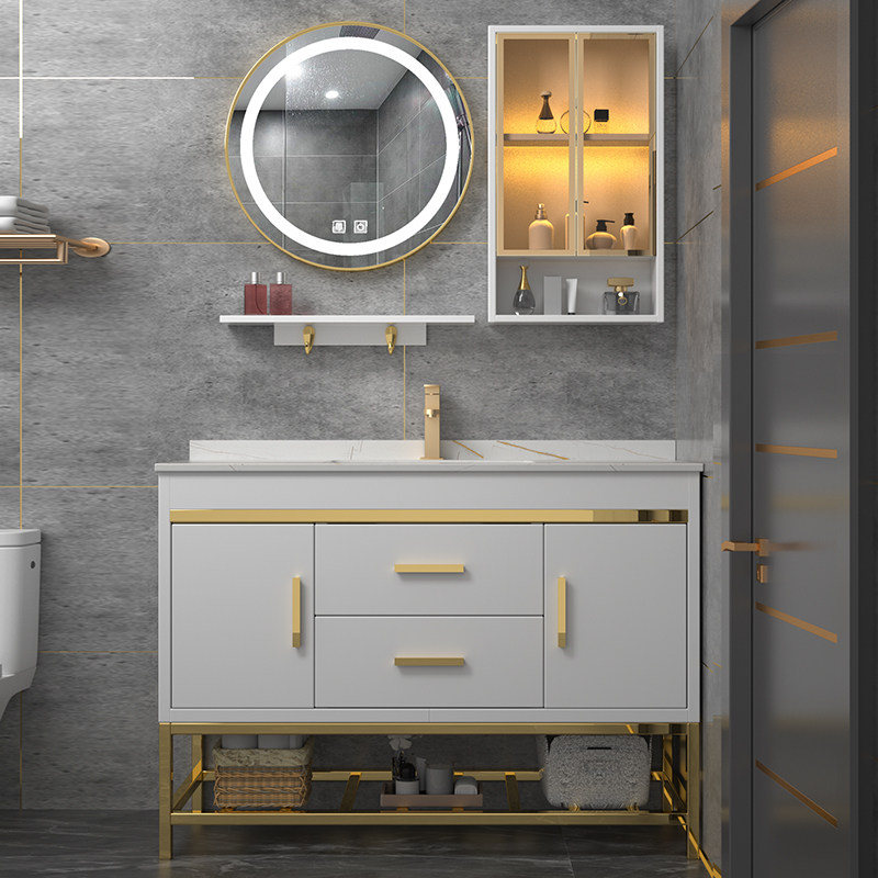 Powder room Rock board Bathroom cabinet Floor-to-ceiling wash basin cabinet combination wash basin Intelligent round mirror Light luxury sink