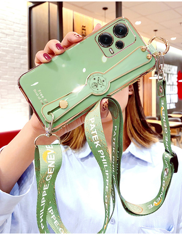 Light green — Girls Glossy Electroplated Silicone TPU Crossbody Lanyard Strap Note 12, Note 12 Pro, Note 12 Pro+ Phone Case