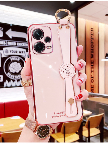 Pink — Girls Glossy Electroplated Silicone TPU Crossbody Lanyard Strap Note 12, Note 12 Pro, Note 12 Pro+ Phone Case