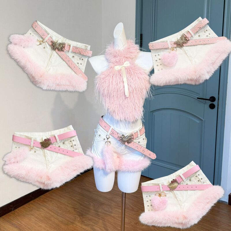 Lan Zong's Y2K Original Design, "Pink Fox Fur White Shorts," Hot and Trendy New Denim Shorts Lan Zong's Y2K Original Design, "Pink Fox Fur White Shorts," Hot and Trendy New Denim Shorts