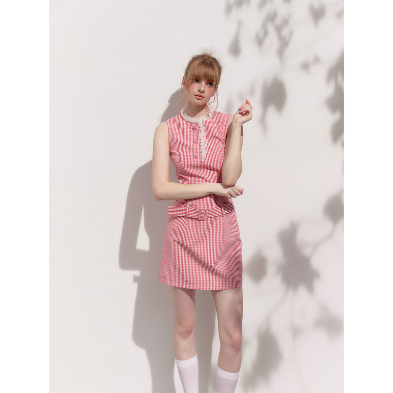 Rumpumpum Polyester-Cotton Red Plaid Lace Patchwork Summer Tank Dress with Waist-Cinching Design Rumpumpum Polyester-Cotton Red Plaid Lace Patchwork Summer Tank Dress with Waist-Cinching Design