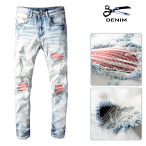 Light Blue Washed Light Color Summer Autumn New Casual Pants Manic Tide Street Youth Breaking Hole Patches High Street Mens Jeans