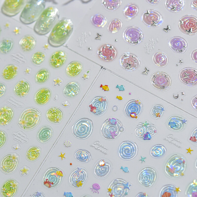Fresh Swirl Ripple Water Flower Small Fish Frangipani Tomoni Nail Art Jelly Shell Light Nail Stickers