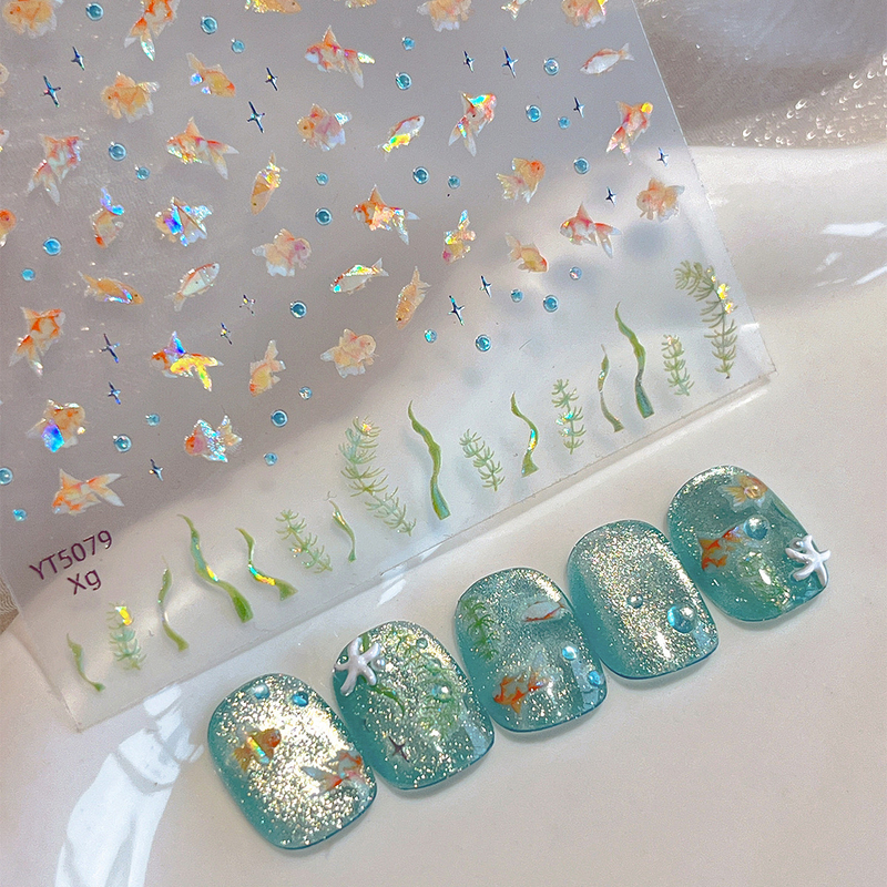 ins Nail Art Glitter Style Cute Little Goldfish Summer Stream Fresh Healing Nail Stickers Decorations