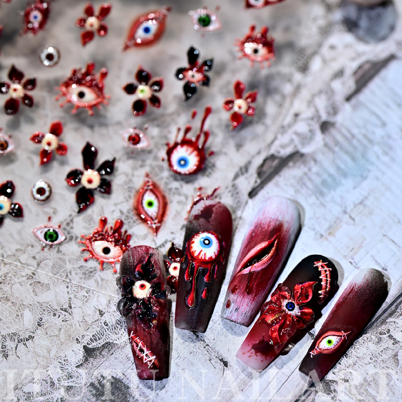 Halloween Nail Art Embossed Style Dark Gothic Grotesque Eye Bleeding Eyes Demon Flower Scar Nail Stickers