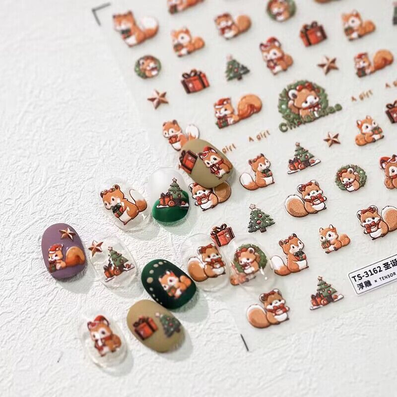 Iron Art Nail Art Three-Dimensional Relief Style Winter Christmas Tree Little Squirrel Gift Cute Cartoon Adhesive Nail Stickers
