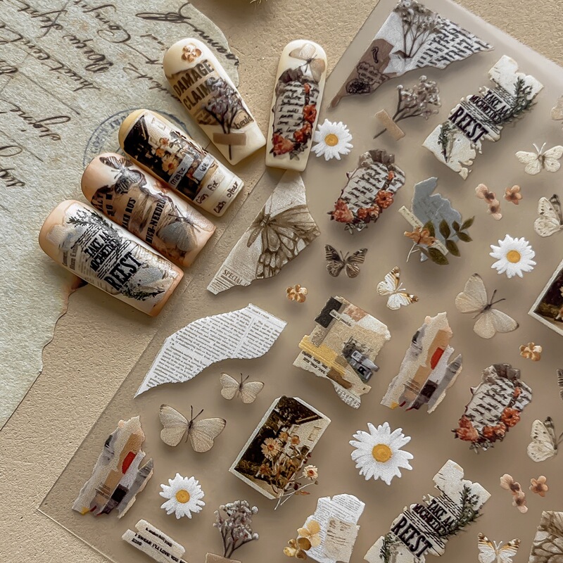 American Retro Style Daisy Flower Butterfly Burning Ashes Old Newspaper Nail Art ins Autumn Day Nail Stickers American Retro Style Daisy Flower Butterfly Burning Ashes Old Newspaper Nail Art ins Autumn Day Nail Stickers