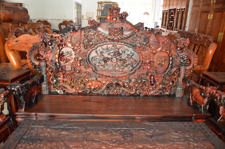 Pinxiangge Burmese gỗ hồng mộc Cửu Long Bộ ghế sofa 12 bộ đồ nội thất bằng gỗ gụ 12 mét - Bộ đồ nội thất bộ bàn ghế thông minh