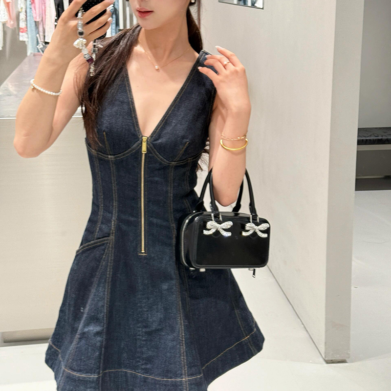 In Stock Selfsp Brand 2026 Spring/Summer New Style Banquet Birthday Travel Zipper Denim Sleeveless Dress Pro Version