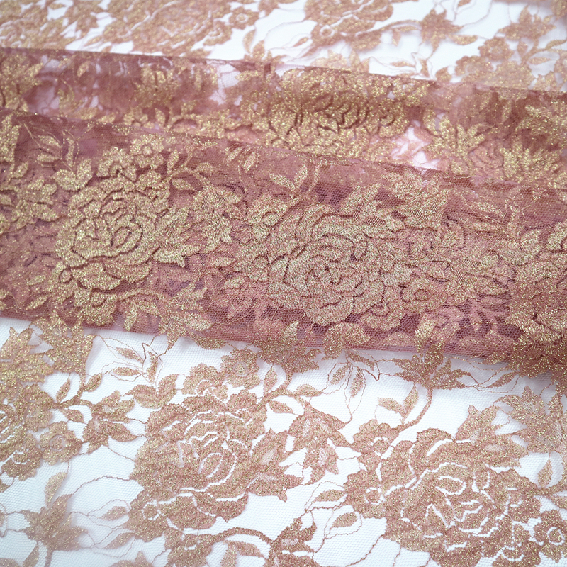 Rose Pink Gold Thread Hollow Mesh Lace Fabric Dress Cheongsam Dress Design DIY Clothing Fabric