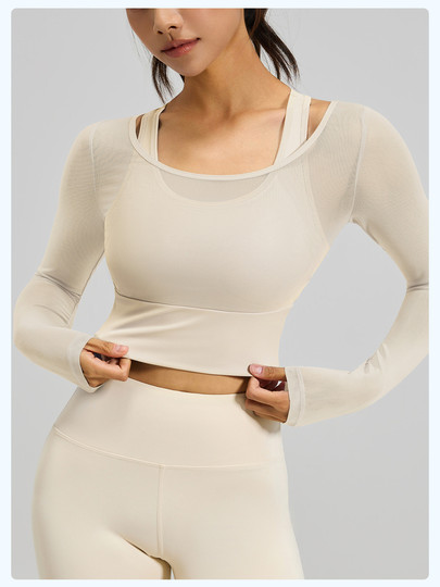 Spring and autumn holiday two-piece thin women's mesh breathable running fitness tight sports tops short-sleeved yoga clothes with chest pads