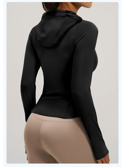 Spring New Slim Fit Hooded Yoga Jacket Women's Long Sleeve Zipper Cardigan Sports Jacket Quick-Drying Fitness Wear Jacket