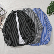 New Striped Shirt Male Long Sleeve Casual Korean Version Slim Fit Mens Body Trend Hairstyle Hairstylist Handsome and Handsome Shirt
