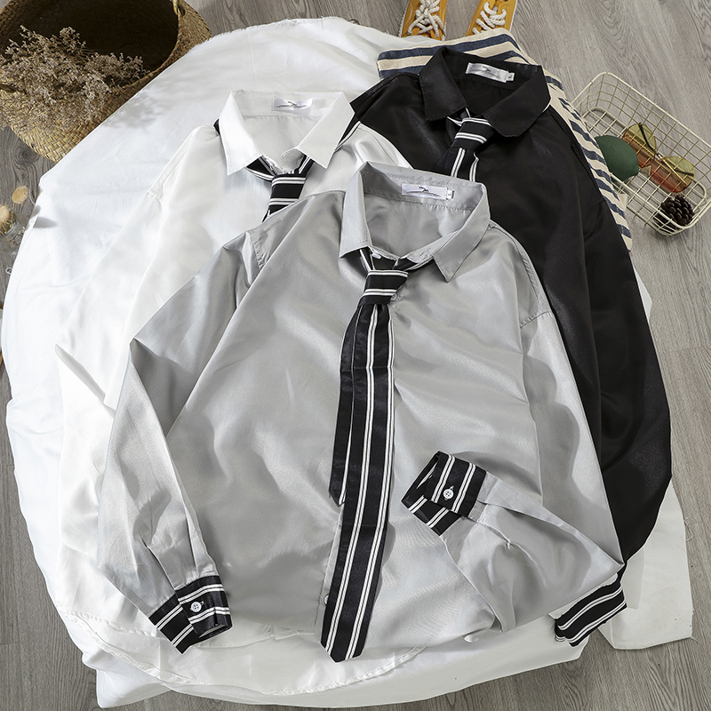 Hong Kong style ins loose Japanese tie shirt men's long-sleeved Korean version of the trend student Harajuku bf style casual shirt