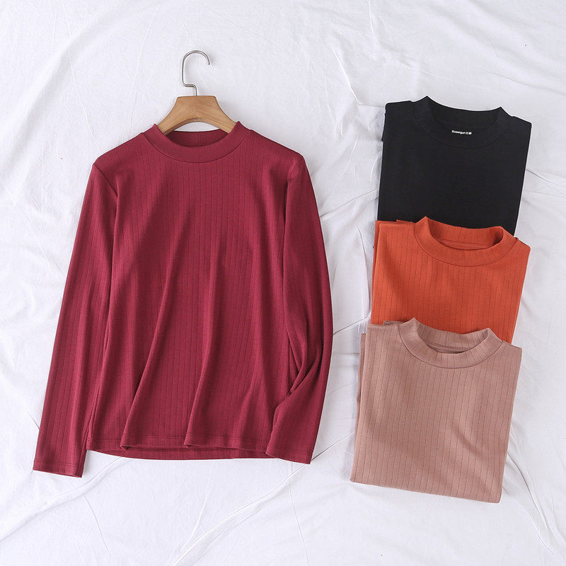 Three-gun underwear women's dense cotton thin half-high collar long-sleeved cotton sweater bottoming shirt mid-collar black autumn clothes one-piece top