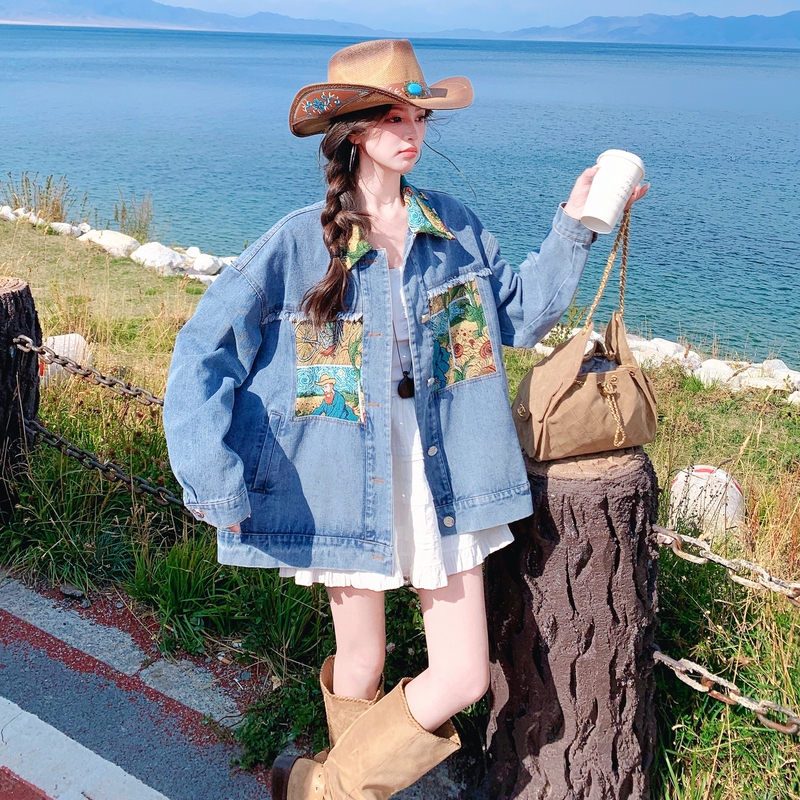 French Oil Painting Style Color-Blocking Lapel Denim Jacket for Women 2026 Spring New Design Lazy Casual Jacket