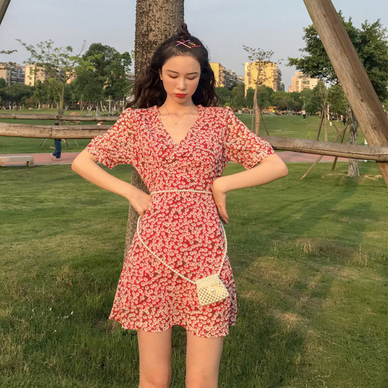 Women's Summer 2020 New Floral Dress Short 150 Small Size Puff Sleeves Little Daisy Chiffon Skirt