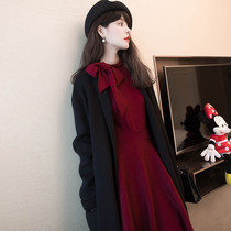 Smart smoked skirt French Platycodon skirt bow knitted dress autumn and winter high waist a long sleeve bottom tea break skirt women