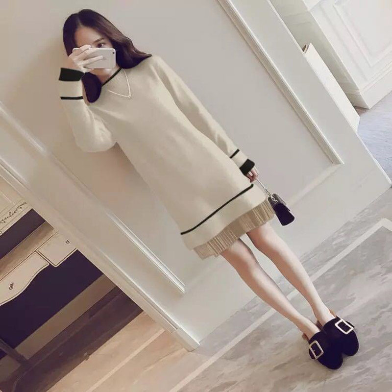 Knitted line dress women's autumn and winter dress 2020 winter sweater mesh stitching skirt Medium long slim base skirt