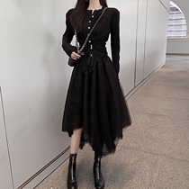 Fried Street Lionings Skirt Ins Chauffen Skirt Fall Heben Wind Small Black Dress Knitted Suit Netting Fluffy Dress Two Sets