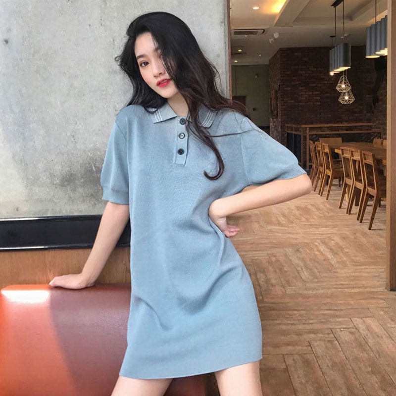 Ocean Clothing Port Wind Chic Summer Net Red Caution Machine Lukewarm Polo Display Slim Foggy Blue Knit Straight Drum Dresses